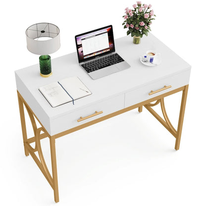 Writing Desk with 2 Drawers, White and Gold, 41.3W x 19.7D x 30.7H in, Home Office or Makeup Vanity