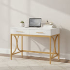 Modern Computer Writing Desk with 2 Drawers, White and Gold Home Office Desk, Makeup Vanity Table