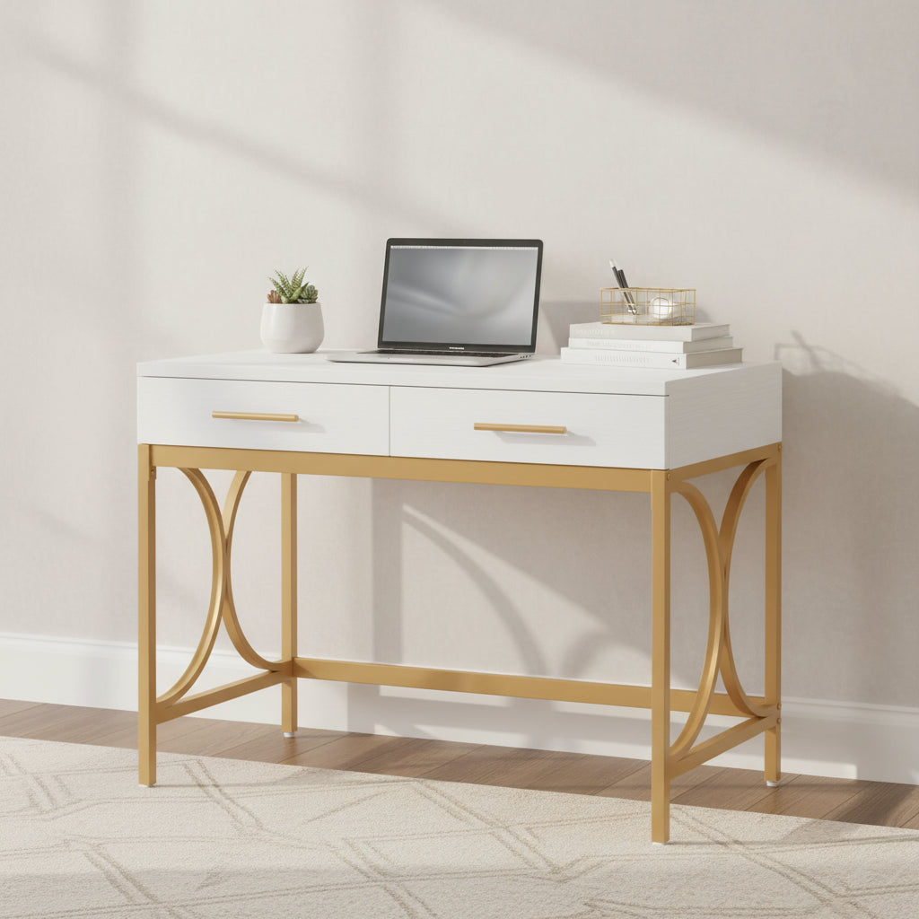 Modern Computer Writing Desk with 2 Drawers, White and Gold Home Office Desk, Makeup Vanity Table