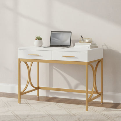 Writing Desk with 2 Drawers, White and Gold, 41.3W x 19.7D x 30.7H in, Home Office or Makeup Vanity