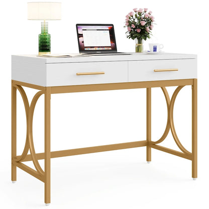Writing Desk with 2 Drawers, White and Gold, 41.3W x 19.7D x 30.7H in, Home Office or Makeup Vanity