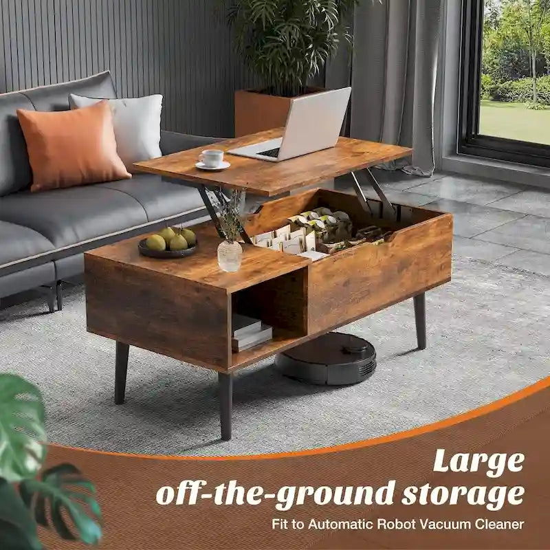 Lift Top Coffee Tables for Living Room, Small Rising Wooden Dining Center Tables with Storage Shelf and Hidden Compartment