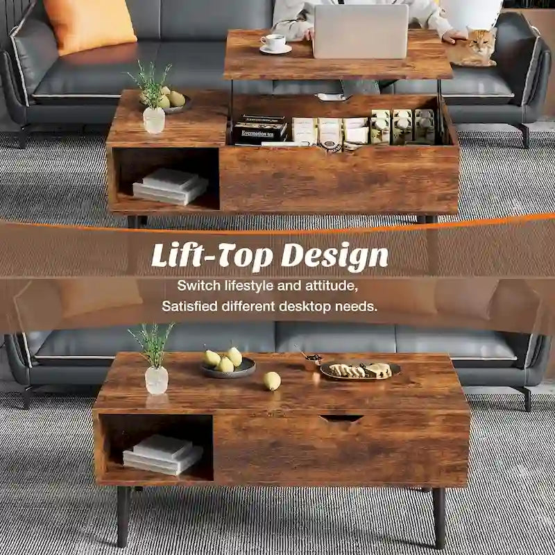 Lift Top Coffee Tables for Living Room, Small Rising Wooden Dining Center Tables with Storage Shelf and Hidden Compartment