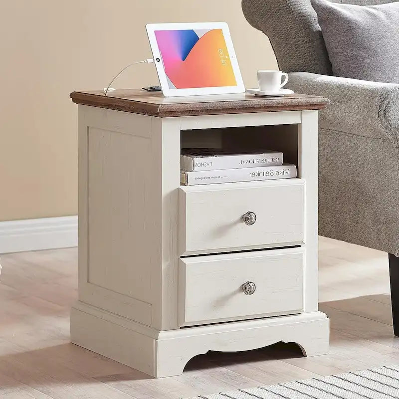 Vintage Wood Nightstand with Charging Station, End Table, Side Table