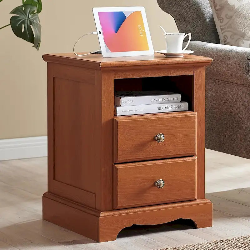 Vintage Wood Nightstand with Charging Station, End Table, Side Table