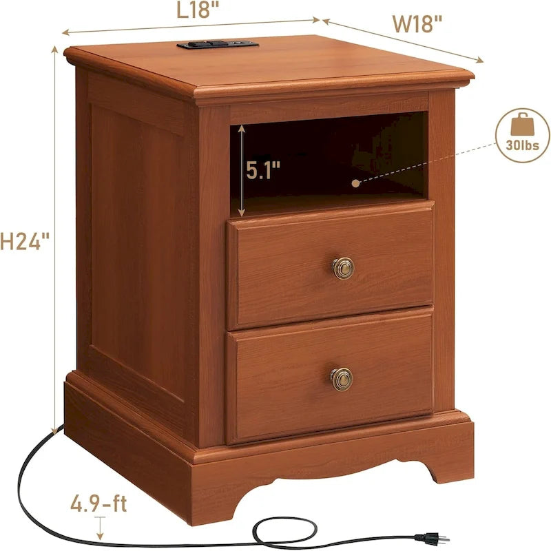Vintage Wood Nightstand with Charging Station, End Table, Side Table