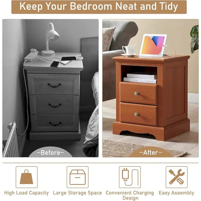 Vintage Wood Nightstand with Charging Station, End Table, Side Table