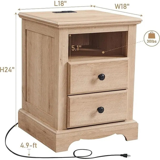 Vintage Wood Nightstand with Charging Station, End Table, Side Table