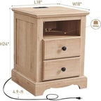 Vintage Wood Nightstand with Charging Station, End Table, Side Table