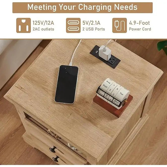 Vintage Wood Nightstand with Charging Station, End Table, Side Table