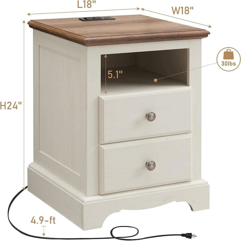 Vintage Wood Nightstand with Charging Station, End Table, Side Table