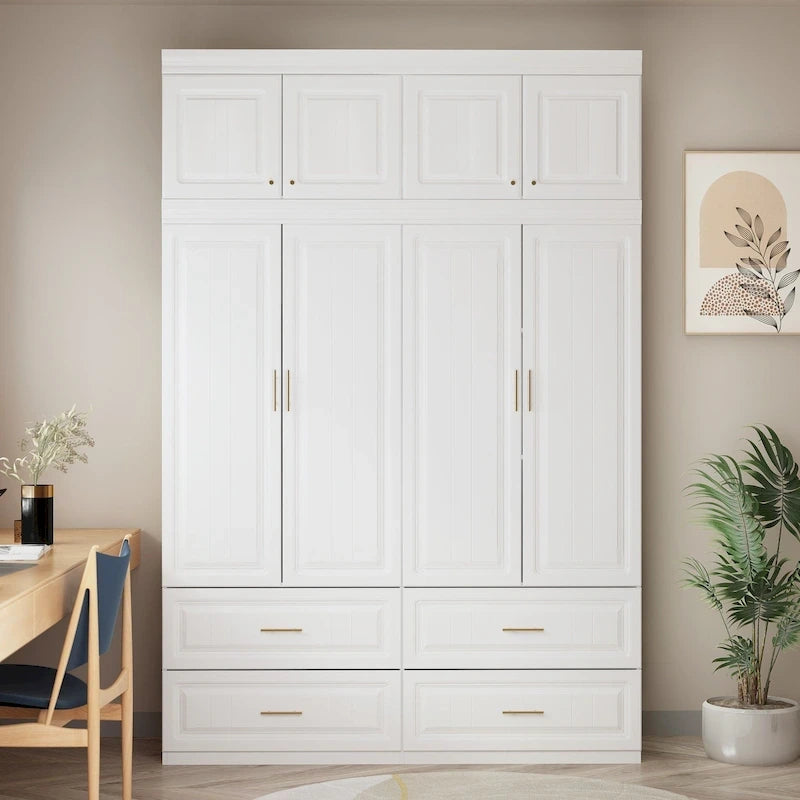 Modular Wardrobe Closet Cabinet with Hanging Space and Drawers, White with Gold Handles, up to 93.9H in