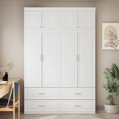 Modular Wardrobe Closet Cabinet with Hanging Space and Drawers, White with Gold Handles, up to 93.9H in