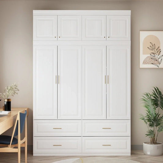 Modular Wardrobe Closet Cabinet with Hanging Space and Drawers, White with Gold Handles, up to 93.9H in