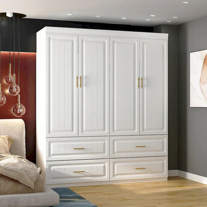 Modular Wardrobe Closet Cabinet with Hanging Space and Drawers, White with Gold Handles, up to 93.9H in