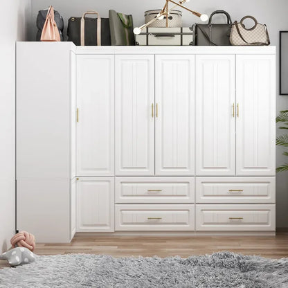 Modular Wardrobe Closet Cabinet with Hanging Space and Drawers, White with Gold Handles, up to 93.9H in