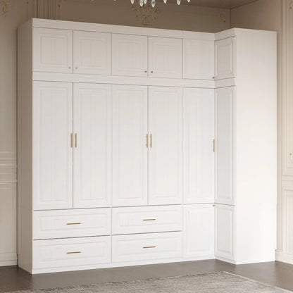 Modular Wardrobe Closet Cabinet with Hanging Space and Drawers, White with Gold Handles, up to 93.9H in