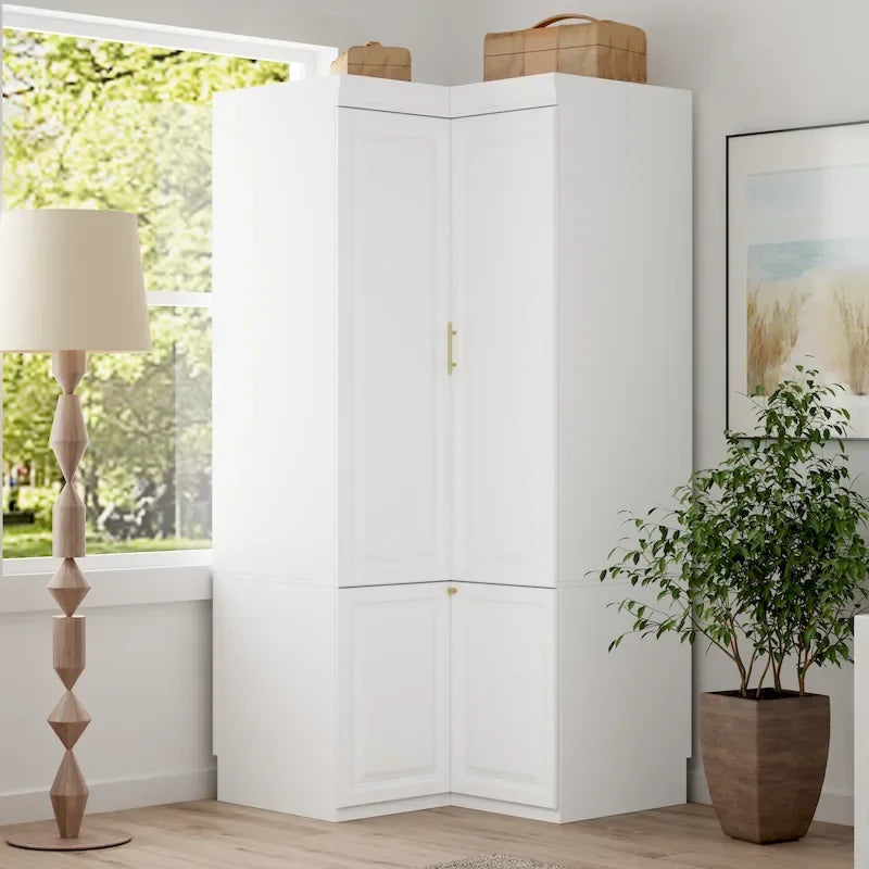 Modular Wardrobe Closet Cabinet with Hanging Space and Drawers, White with Gold Handles, up to 93.9H in