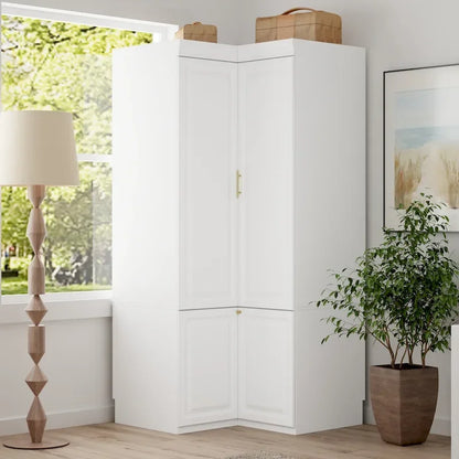 Modular Wardrobe Closet Cabinet with Hanging Space and Drawers, White with Gold Handles, up to 93.9H in