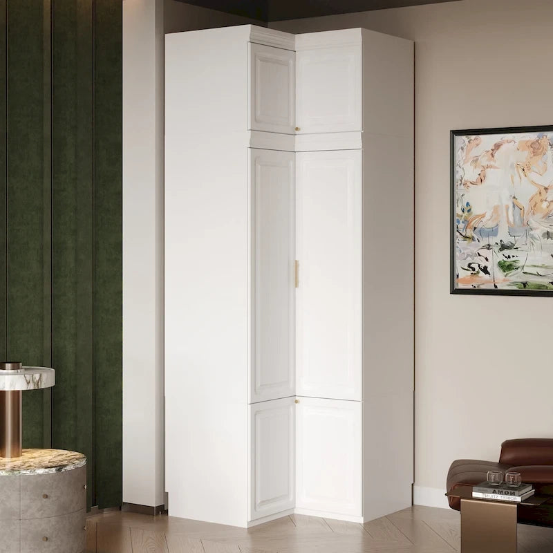 Modular Wardrobe Closet Cabinet with Hanging Space and Drawers, White with Gold Handles, up to 93.9H in