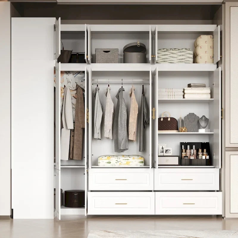 Modular Wardrobe Closet Cabinet with Hanging Space and Drawers, White with Gold Handles, up to 93.9H in