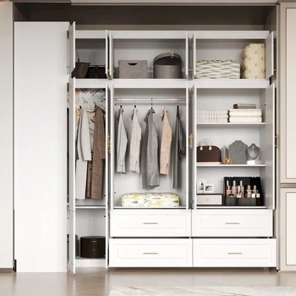 Modular Wardrobe Closet Cabinet with Hanging Space and Drawers, White with Gold Handles, up to 93.9H in