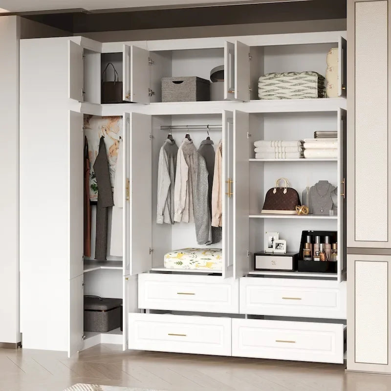 Modular Wardrobe Closet Cabinet with Hanging Space and Drawers, White with Gold Handles, up to 93.9H in