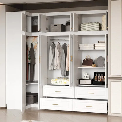 Modular Wardrobe Closet Cabinet with Hanging Space and Drawers, White with Gold Handles, up to 93.9H in