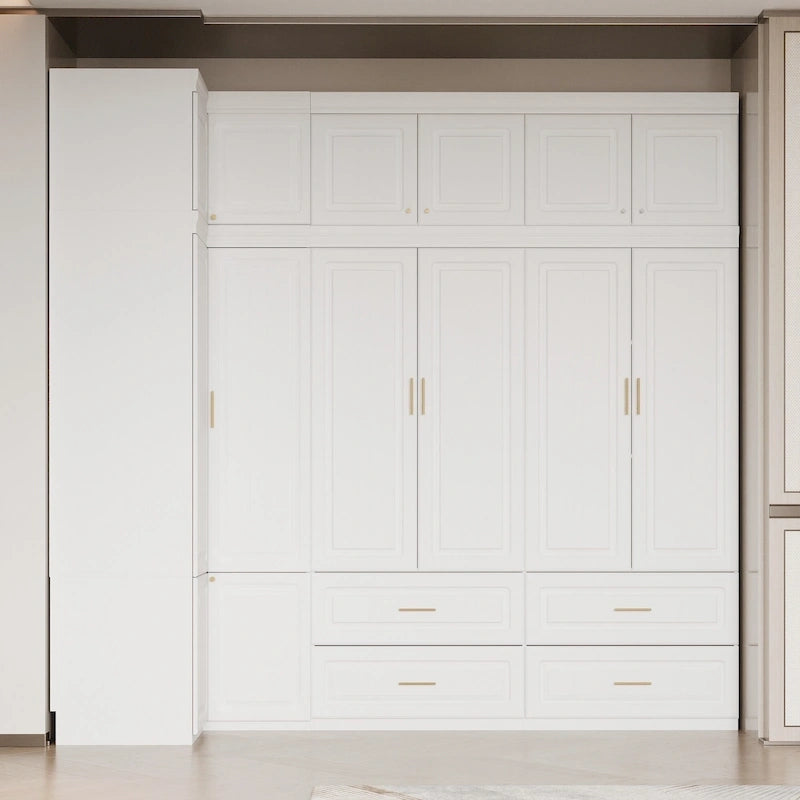 Modular Wardrobe Closet Cabinet with Hanging Space and Drawers, White with Gold Handles, up to 93.9H in