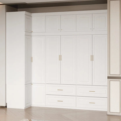 Modular Wardrobe Closet Cabinet with Hanging Space and Drawers, White with Gold Handles, up to 93.9H in
