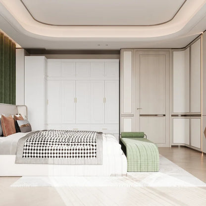 Modular Wardrobe Closet Cabinet with Hanging Space and Drawers, White with Gold Handles, up to 93.9H in