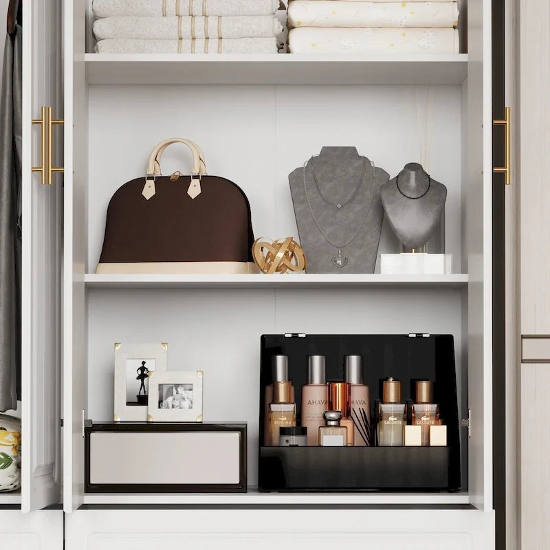 Modular Wardrobe Closet Cabinet with Hanging Space and Drawers, White with Gold Handles, up to 93.9H in