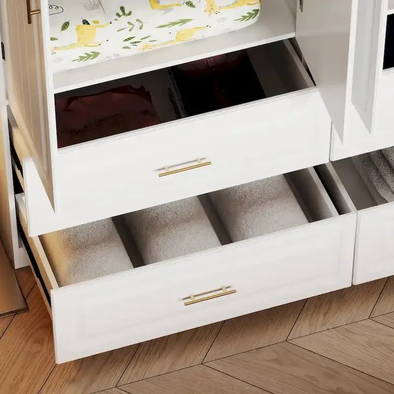 Modular Wardrobe Closet Cabinet with Hanging Space and Drawers, White with Gold Handles, up to 93.9H in