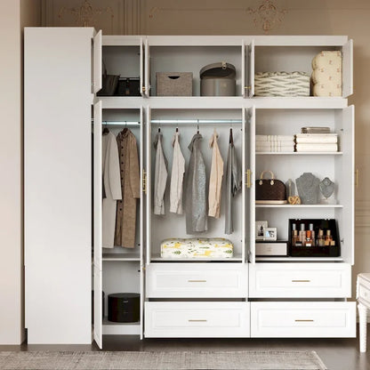 Modular Wardrobe Closet Cabinet with Hanging Space and Drawers, White with Gold Handles, up to 93.9H in