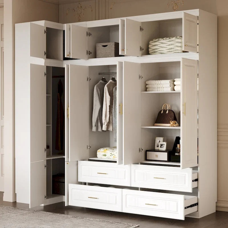 Modular Wardrobe Closet Cabinet with Hanging Space and Drawers, White with Gold Handles, up to 93.9H in