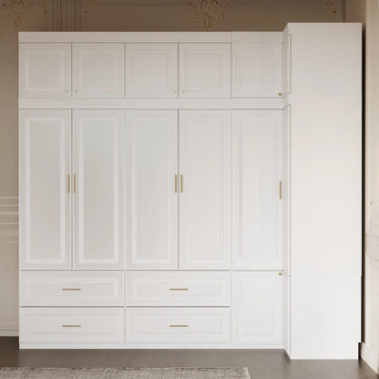 Modular Wardrobe Closet Cabinet with Hanging Space and Drawers, White with Gold Handles, up to 93.9H in