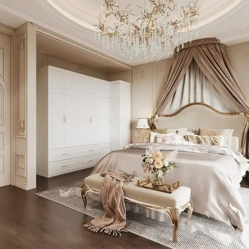 Modular Wardrobe Closet Cabinet with Hanging Space and Drawers, White with Gold Handles, up to 93.9H in