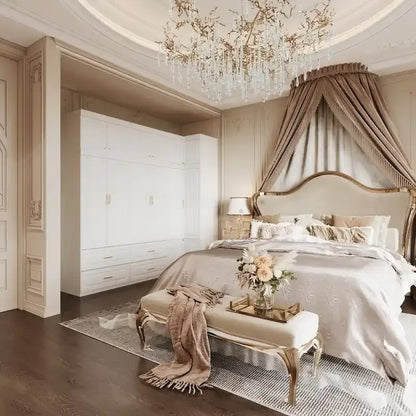 Modular Wardrobe Closet Cabinet with Hanging Space and Drawers, White with Gold Handles, up to 93.9H in