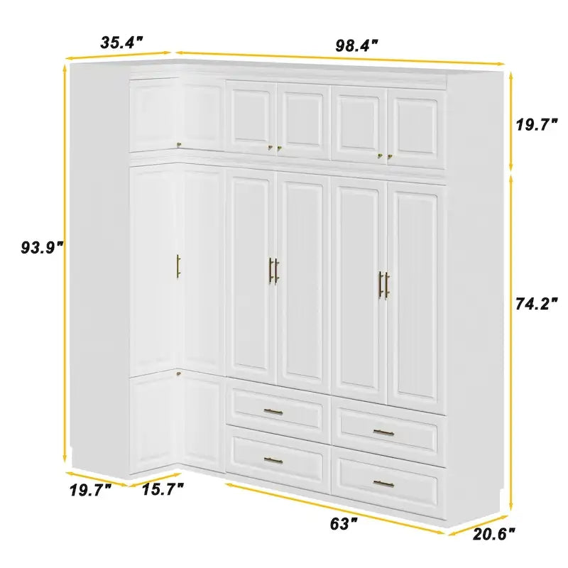 Modular Wardrobe Closet Cabinet with Hanging Space and Drawers, White with Gold Handles, up to 93.9H in