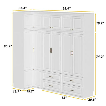 Modular Wardrobe Closet Cabinet with Hanging Space and Drawers, White with Gold Handles, up to 93.9H in