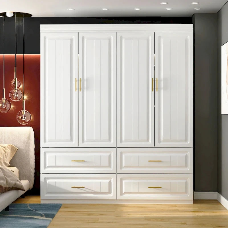 Modular Wardrobe Closet Cabinet with Hanging Space and Drawers, White with Gold Handles, up to 93.9H in