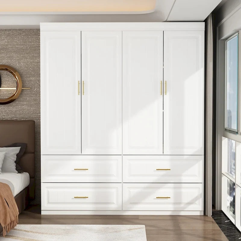 Modular Wardrobe Closet Cabinet with Hanging Space and Drawers, White with Gold Handles, up to 93.9H in