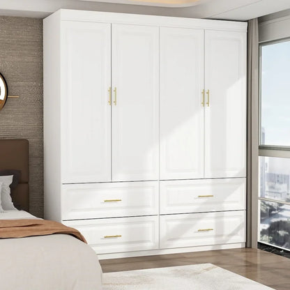 Modular Wardrobe Closet Cabinet with Hanging Space and Drawers, White with Gold Handles, up to 93.9H in