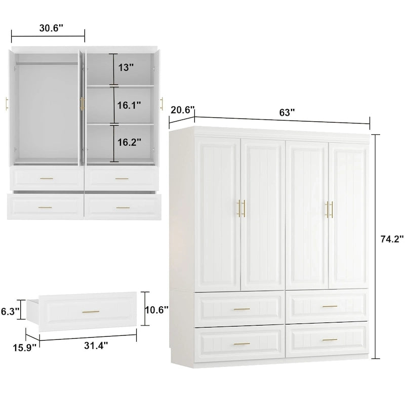 Modular Wardrobe Closet Cabinet with Hanging Space and Drawers, White with Gold Handles, up to 93.9H in