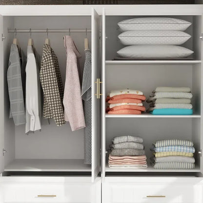 Modular Wardrobe Closet Cabinet with Hanging Space and Drawers, White with Gold Handles, up to 93.9H in