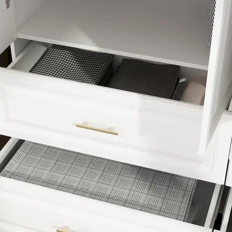 Modular Wardrobe Closet Cabinet with Hanging Space and Drawers, White with Gold Handles, up to 93.9H in