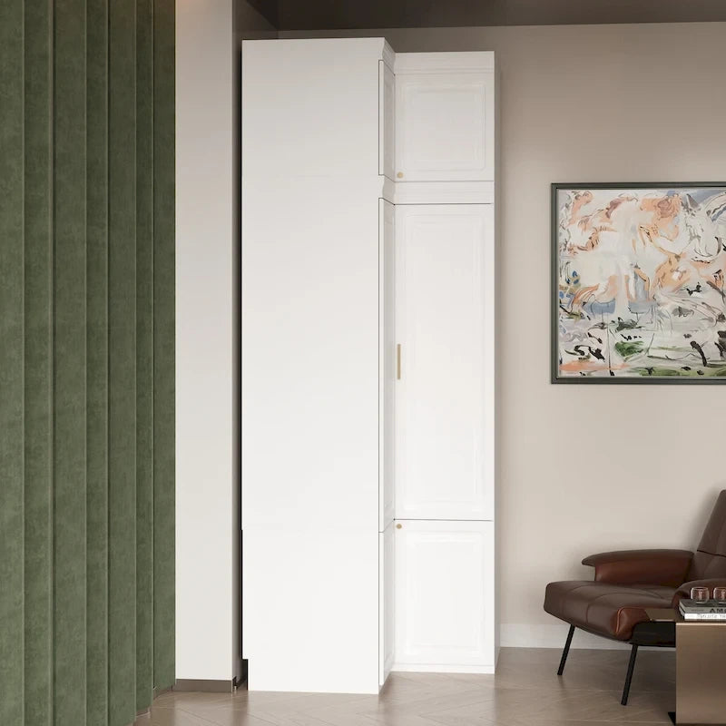 Modular Wardrobe Closet Cabinet with Hanging Space and Drawers, White with Gold Handles, up to 93.9H in
