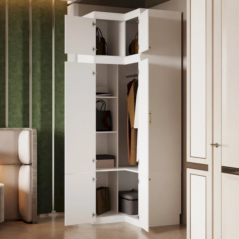 Modular Wardrobe Closet Cabinet with Hanging Space and Drawers, White with Gold Handles, up to 93.9H in