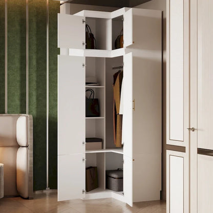 Modular Wardrobe Closet Cabinet with Hanging Space and Drawers, White with Gold Handles, up to 93.9H in