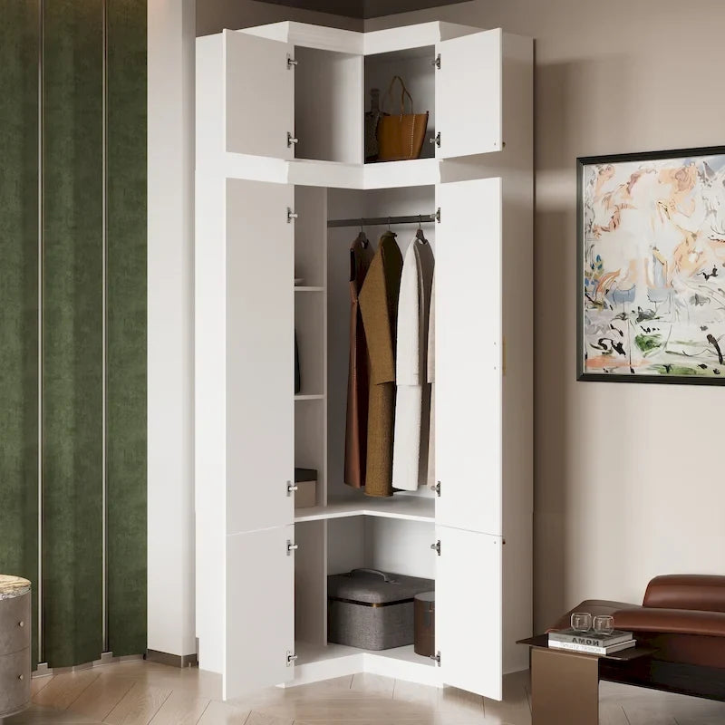 Modular Wardrobe Closet Cabinet with Hanging Space and Drawers, White with Gold Handles, up to 93.9H in